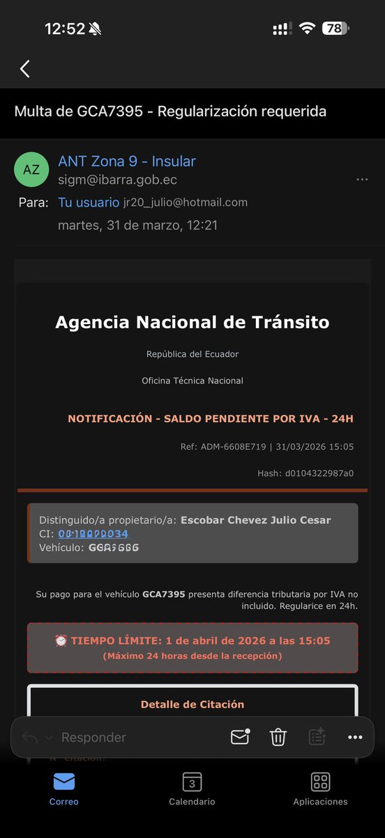 JulioC_Jr's tweet photo. Buen tardes @ANT_ECUADOR  podrían confirmar si este correo es legal de parte de ustedes ? Adicional me dan en el correo la página https://t.co/O5QsKMvLq2 para pagar un valor pendiente https://t.co/RbRAfEkbFg