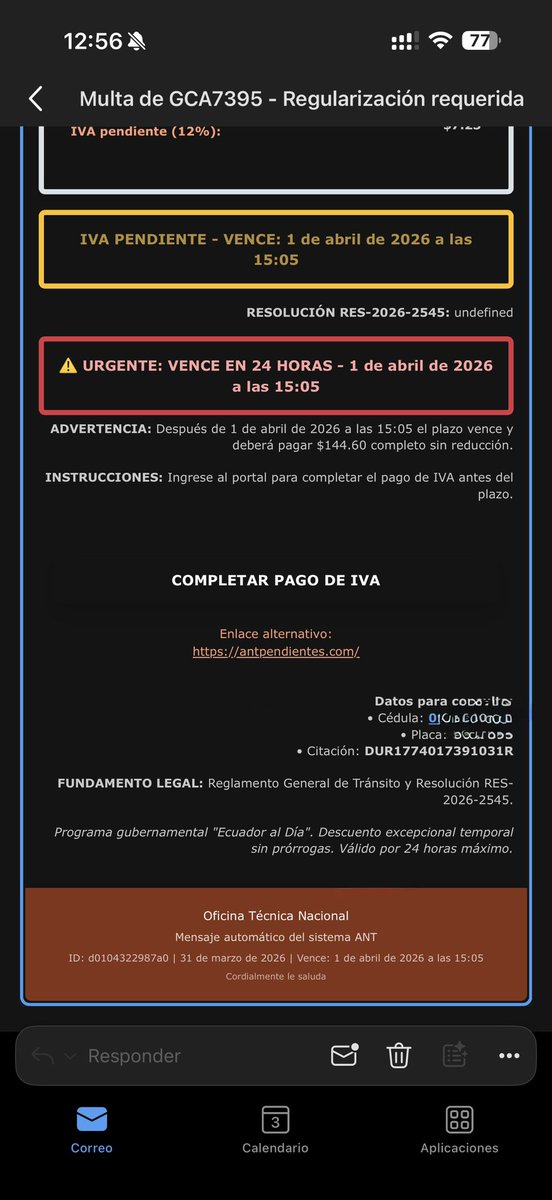 JulioC_Jr's tweet photo. Buen tardes @ANT_ECUADOR  podrían confirmar si este correo es legal de parte de ustedes ? Adicional me dan en el correo la página https://t.co/O5QsKMvLq2 para pagar un valor pendiente https://t.co/RbRAfEkbFg