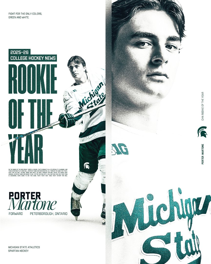 MSU_Hockey's tweet image. Porter Martone has been named the 2025-26 College Hockey News Rookie of the Year!

He posted 50 points in his freshman season at MSU, the fifth-most in program history by a first year skater. His 25 goals are second to only Rod Brind'Amour's 27 in 1988-89.