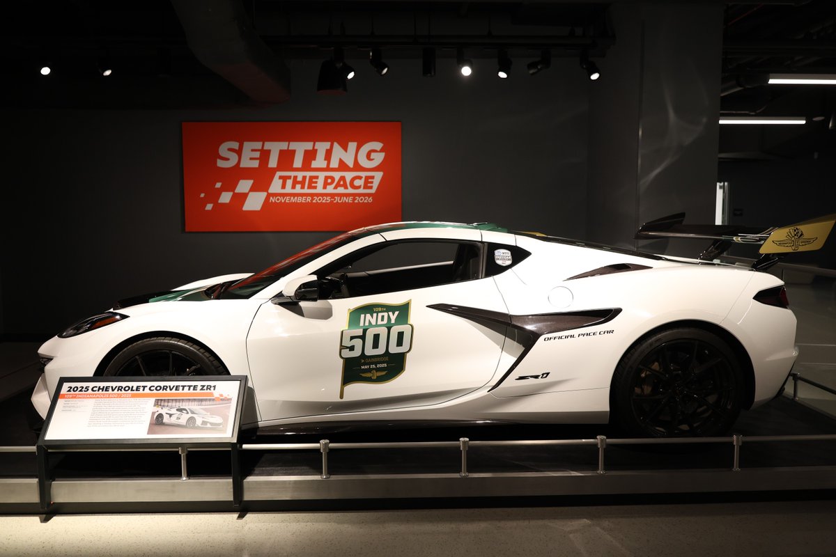 IMSMuseum's tweet photo. New on view: See the 2025 Chevrolet Corvette ZR1 pace car through June. This is the most powerful pace car of all time with 1,064-horsepower and a top speed of 223 mph. It's the highest horsepower-producing V8 engine offered by an automotive manufacturer. https://t.co/XH91g6KgiB