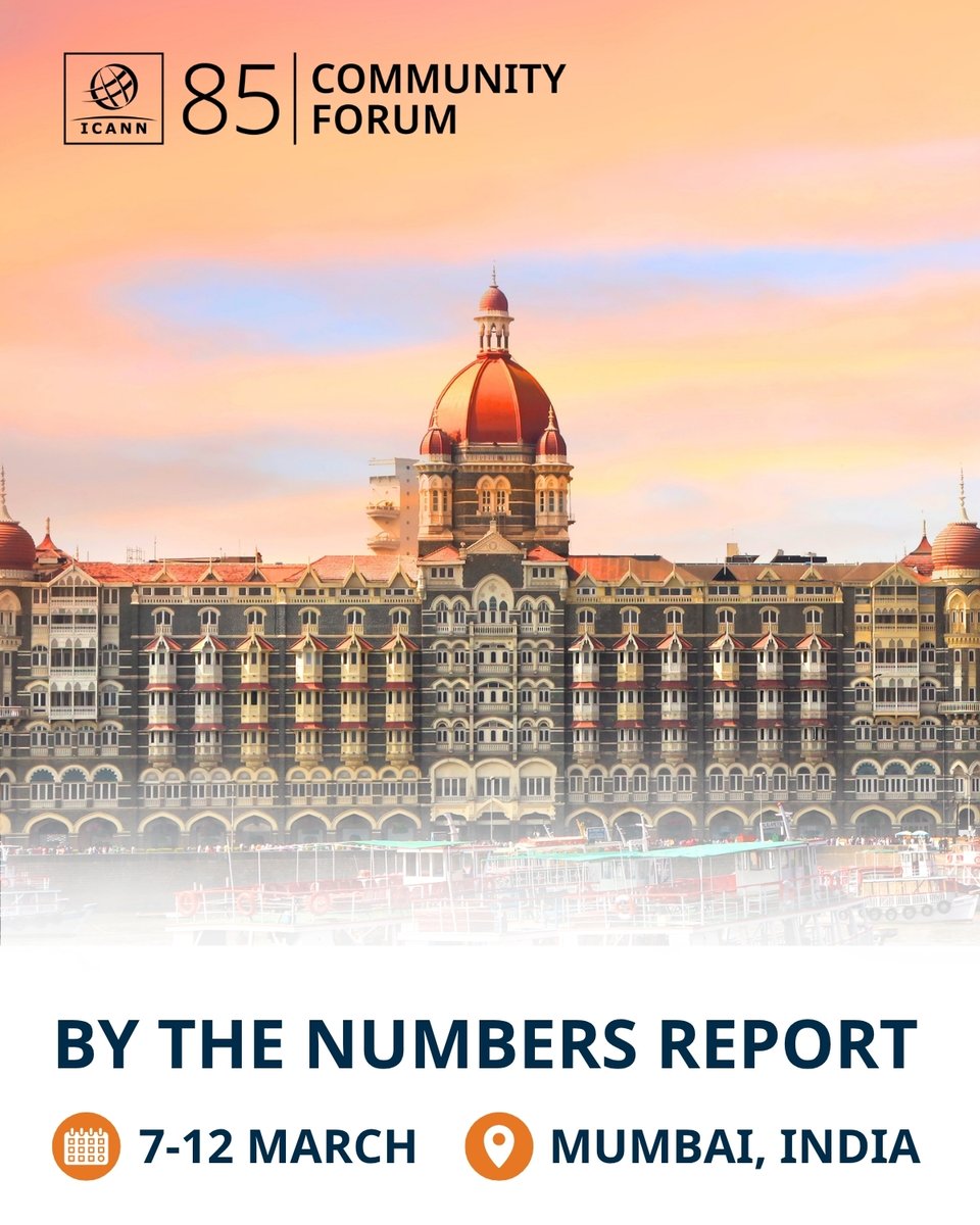 ICANN's tweet image. 📊The #ICANN85 By the Numbers report is now available!

This document offers key data and stats from the ICANN85 Community Forum held in Mumbai, India. Check it out here &amp;gt;&amp;gt; go.icann.org/4c9Sz3t #ICANN