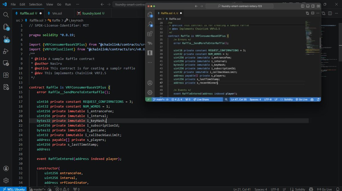 Nasintech's tweet image. Day 26 of becoming a Smart Contract Developer 🔥

Bad network all day - real struggles😅

Here's what I covered today:
✅Intro to Chainlink VRF &amp;amp; how it generates provable randomness
✅Modulo Operations 
✅ Enums 

@CyfrinUpdraft #Web3 #Solidity #Foundry