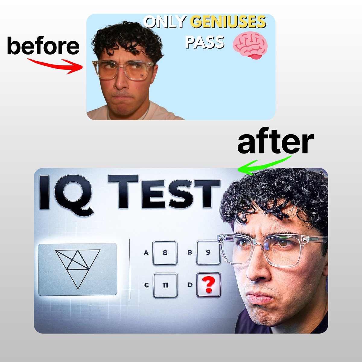 alexandrctr's tweet photo. 6/35 DAY OF OUTREACH
Can u solve IQ test or not?
Do you prefer the new version or old?
#youtube #thumbnail #thumbnailsdesign https://t.co/kWLy7XSOMK