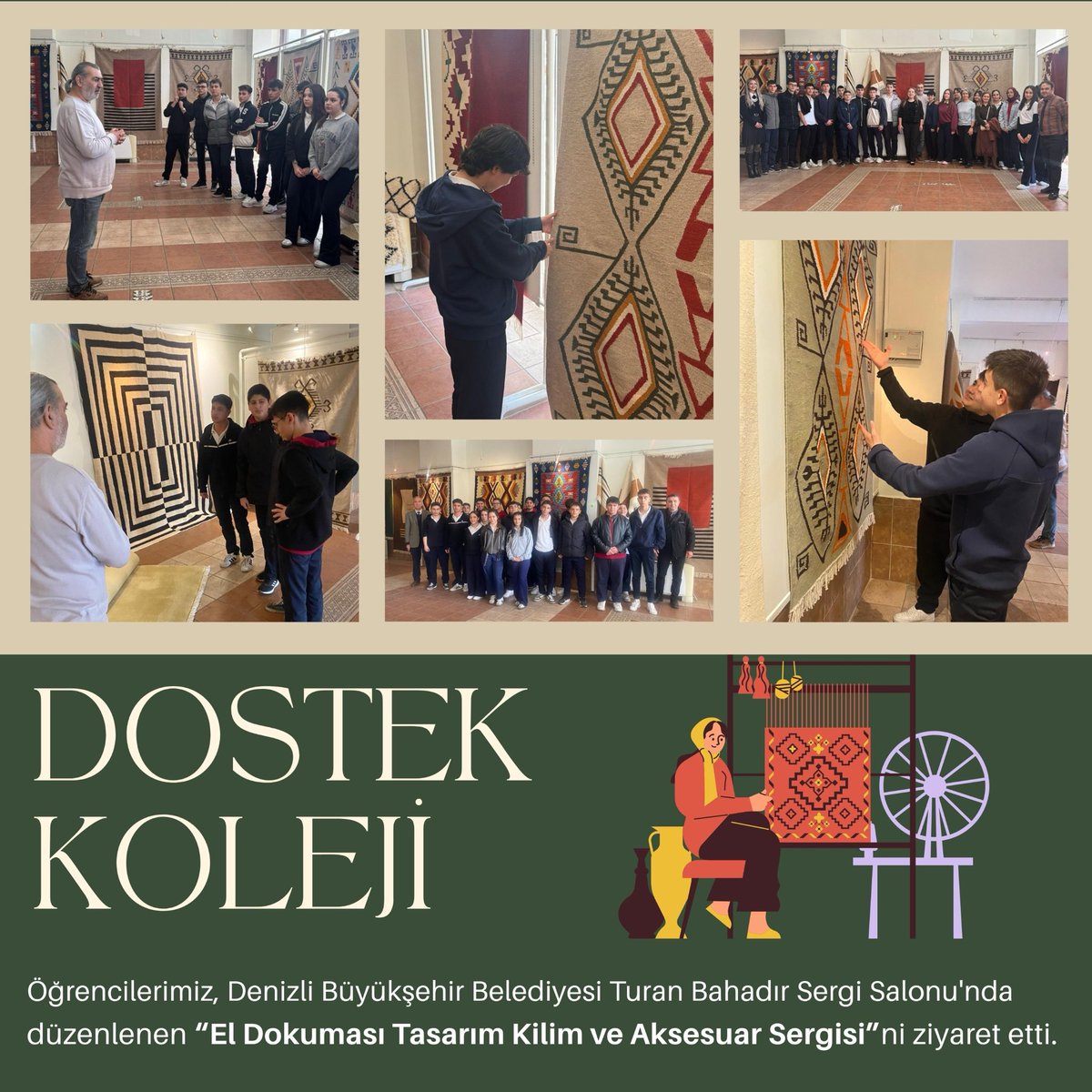 dostekkoleji's tweet image. Öğrencilerimiz, Denizli Büyükşehir Belediyesi Turan Bahadır Sergi Salonu'nda düzenlenen “El Dokuması Tasarım Kilim ve Aksesuar Sergisi”ni ziyaret etti. 

#dostek #dostekkoleji #denizliosb #eldokuması #kilimveaksesuarsergisi