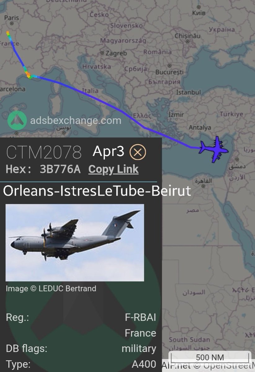 LebanonJets's tweet photo. (Sandstorm!) #France AirForce A400M #FRBAI #3B776A partially hidden from public tracking left Orleans to IstresLeTube now into #Beirut as #CTM2078 French troops in #Lebanon for @UNIFIL_ as of Mar30 604 (32 less than Feb1 636)
@CotamFleet https://t.co/BTPhSonQAj