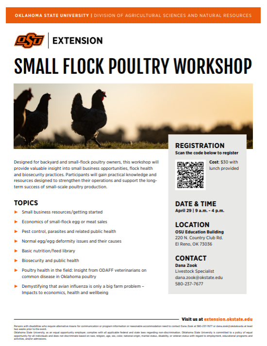 Are you interested in learning more about raising your own backyard flock? Come out to this Small Flock Poultry Workshop in El Reno on April 29th from 9am-4pm.