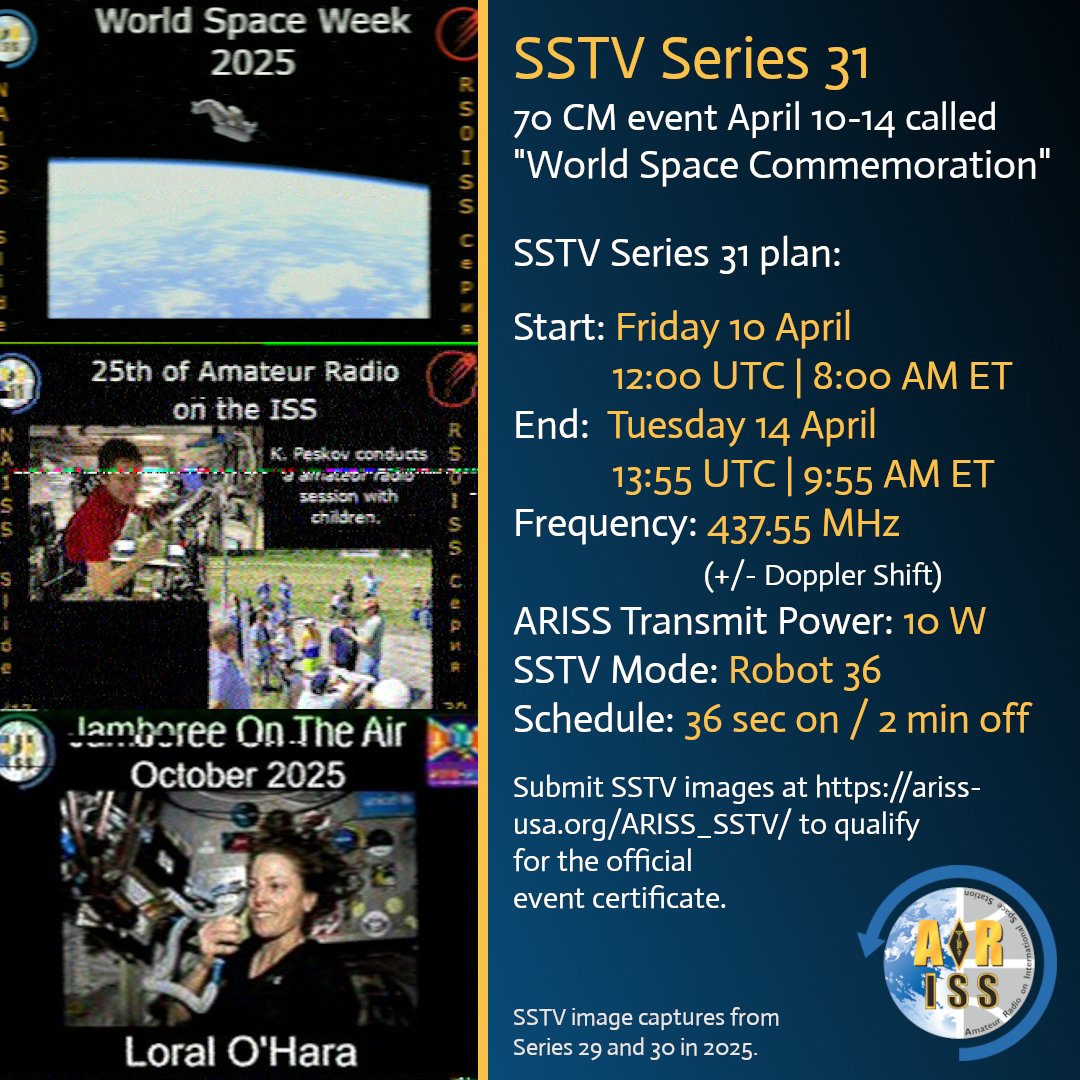 LU3HAU's tweet image. Faltan 7 días para el lanzamiento de la Serie 31 de SSTV, "Conmemoración Mundial del Espacio". Este evento en la banda de 70 cm comenzará alrededor de las 12:00 UTC

#EventoSSTV #ARISS #SERIES31
