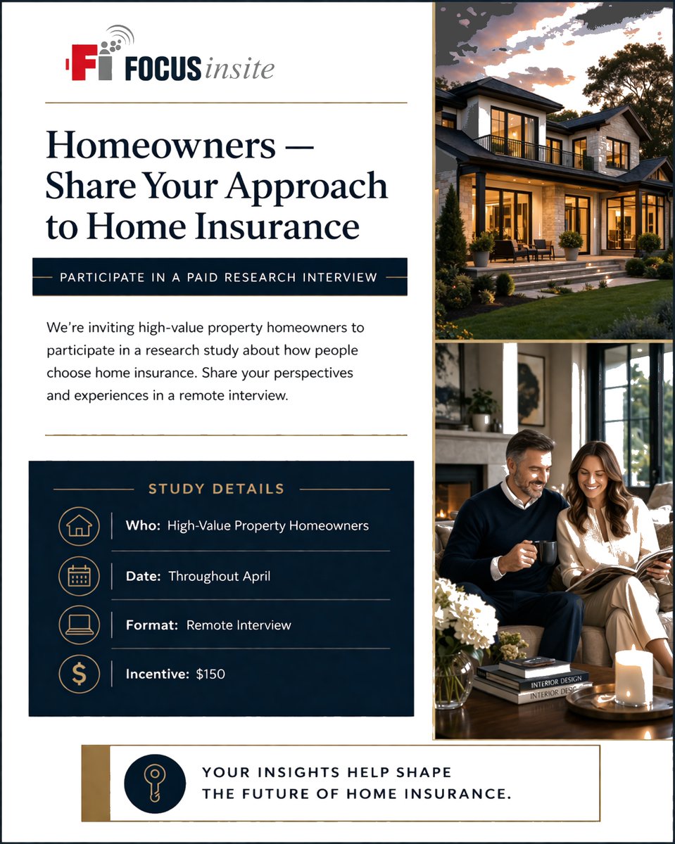 focusinsite's tweet image. Homeowners- Earn $150 for 60 minutes

Application link: apply.focusinsite.com/s/26-144-High-…

Spots are limited and filling quickly.
Feel free to share with others who may be a good fit.

#PaidStudy #MarketResearch #Homeowners #RealEstate #PaidInterview #RemoteStudy #Homeownership