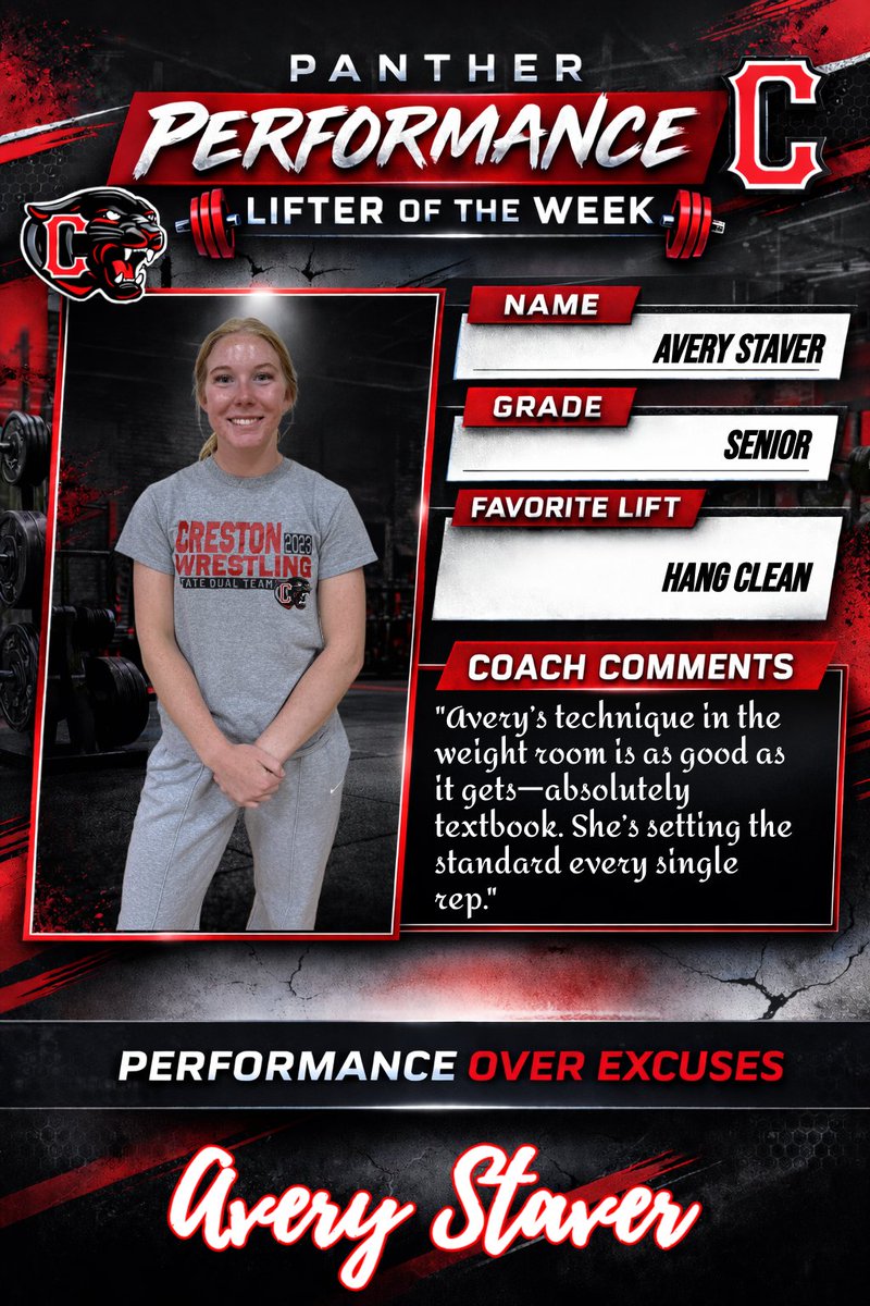 PantherPerform's tweet photo. Congrats to our Lifter of the Week for Mar. 30: Avery Staver!

Avery is the absolute standard when it comes to technique in the weight room. Textbook in everything she does! 💪

#PerformanceOverExcuses https://t.co/0fs8hK2wEd