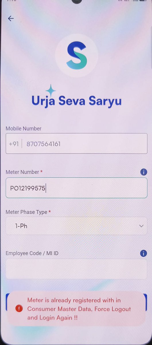 AmarPathak1226's tweet photo. @UPPCLLKO 
I am not able to login the app.
it says meter is already registered, force logout and login again.

Please help. https://t.co/Utks2c8nxk