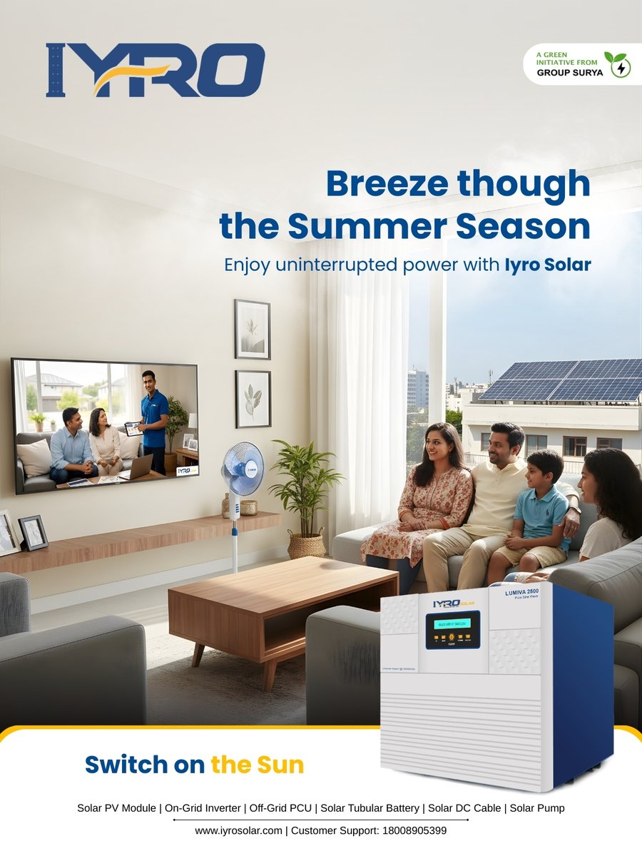 IyroSolar's tweet photo. Breeze through the summer with uninterrupted power! ☀️
No more power cuts, no more sweating—just cool comfort for your family with IYRO Solar. ⚡
From fans to TV, enjoy non-stop energy all day long.

Switch on the Sun and experience smart, reliable living this summer! 🌞
#iyro https://t.co/7uZOJBC1hp