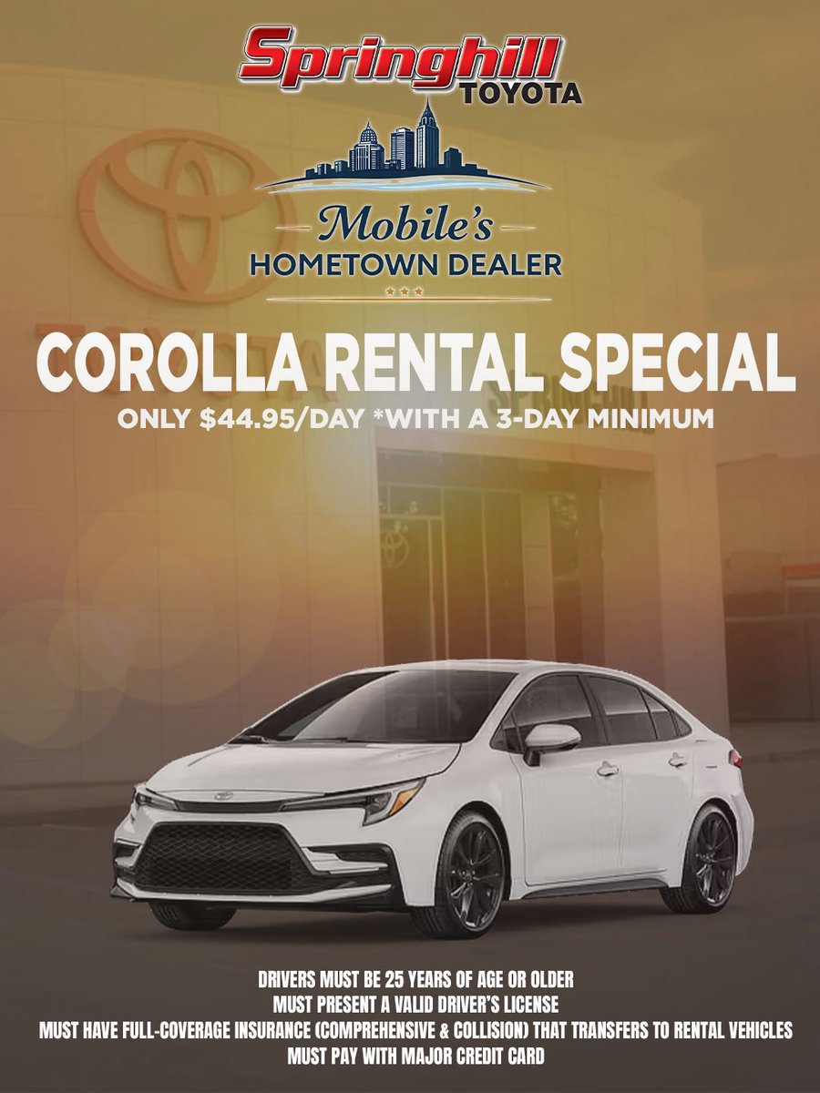 ✨ Simplify your spring with SAVINGS! 

🚘 Rent a Corolla for only $44.95/day for your next trip (3-day minimum)*

📲 Call our rental department at 251-450-1000