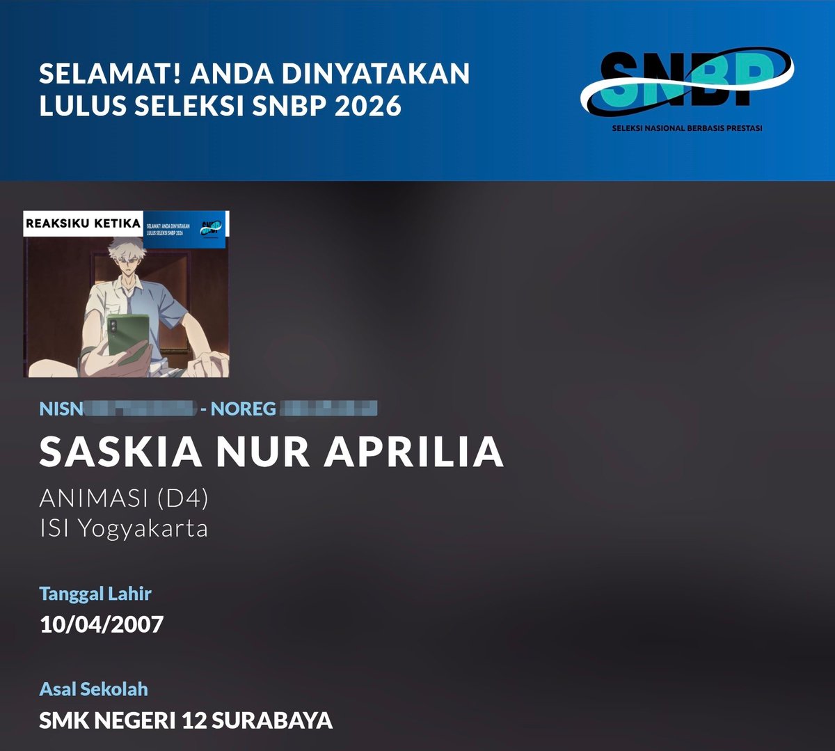 kianaprill's tweet photo. (T▽T) Perjuanganku begadang 3 hari terbayarkan.
AKHIRNYA DITERIMA ANIMASI ISI YOGYA YAYYY!!!(≥▽≤)/ Waktu buka pengumuman ngeblank bentar gk nyangka bakal muncul warna biru 💙💙💙
Huhuu.... *happy tears  o(╥﹏╥)o 
#portofoliosnbp2026
#isiyogyakarta https://t.co/9IguOZjx5w