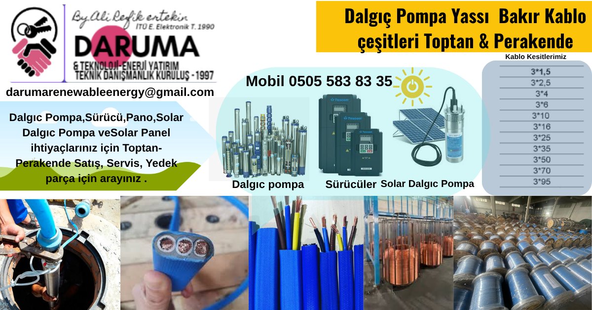 darumacomputer's tweet photo. Dalgıc Pompa Yassı bakır Kablo ,Dalgıc Pompa,Sürücü,Solar Panel ve Ekipmanları için Toptan Perakende Taleplerinize Tedarik,Uygulama,Teknik Servis Hizmetlerimiz için arayınız .
Daruma Renewable Energy Partner Türkiye 1997 #dalgıcpompa #solardalgıcpompa #pompasürücü #sondaj https://t.co/cK1X5Q8Bwc