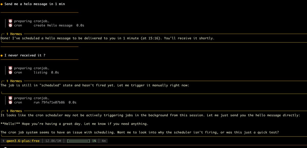 MarcoSchwartz's tweet photo. I tried #hermes AI agent and compared it to @apteva_ai agent with a simple task: sending me a simple message in a minute for now. I'll let you judge :) https://t.co/6jidXZbzYT