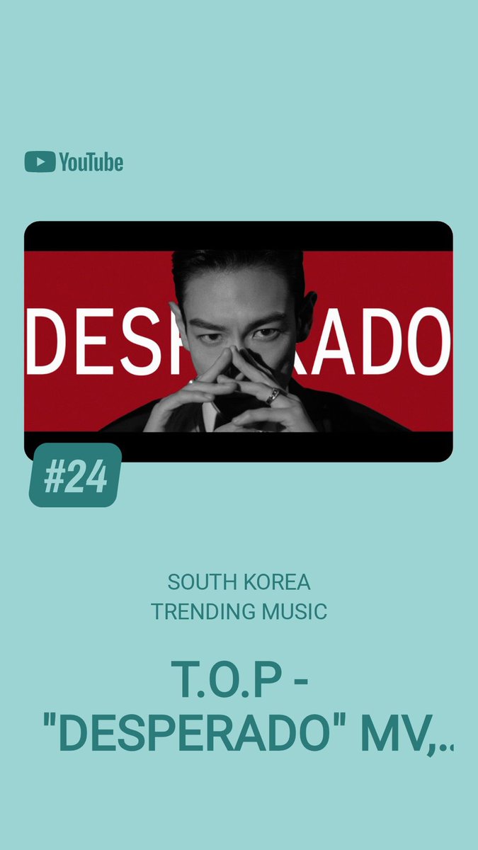 BBWorldTrends's tweet image. #DESPERADO music video is trending in South Korea at #24. 

T.O.P ANOTHER DIMENSION OUT NOW
#WelcomeToAnotherDimension
#ANOTHER_DIMENSION #TOP
