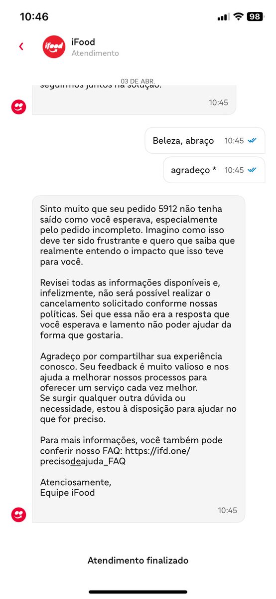 blueninha's tweet photo. to na força do ódio, fui fazer minhas compras de páscoa no @redeBistek pelo @iFood e simplesmente não veio o produto mais caro do carrinho. Pedi reembolso, a loja não respondeu mas o iFood respondeu com essa mensagem e logo já encerrou o chat??? Sem eu conseguir responder mais https://t.co/S1QkbrRWrW