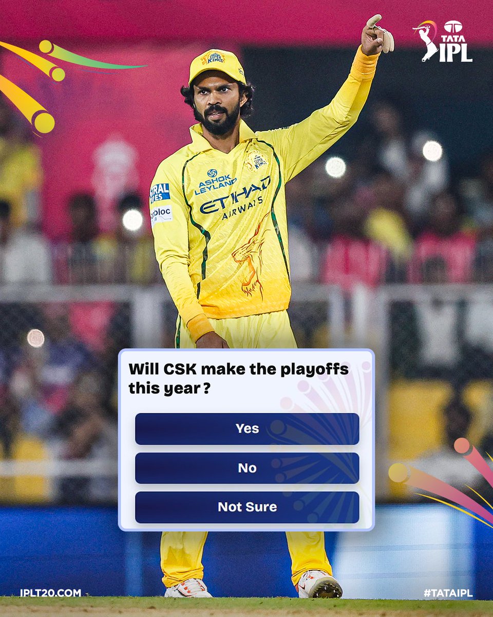 IPL's tweet photo. Will the 5⃣-time champions finish in the Top 4⃣? 🤔

VOTE NOW ▶️ https://t.co/2QOEa1d2Mu 

#TATAIPL | #KhelBindaas | #CSKvPBKS | @ChennaiIPL https://t.co/d0jTZmsLY6