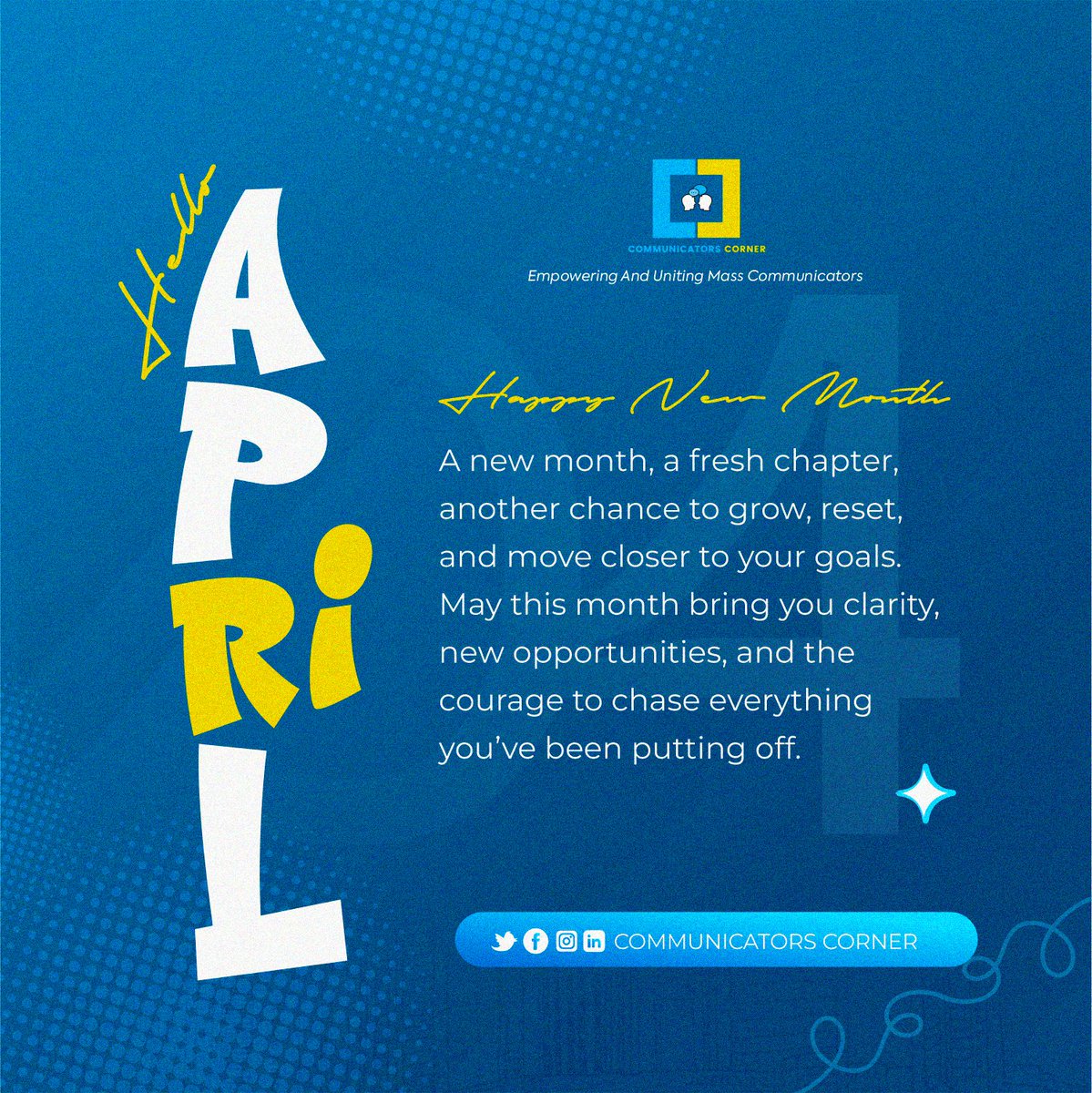 Communicators_C's tweet photo. “Adios,” March said 👋
And just like that… April is here! 🌸✨

Communicator 🫵
New month. New energy. Same goals — but stronger execution. 😌🔥

No more “I’ll start soon.”
April is for doing. 🚀

Happy New Month! 🥳
Let’s make it count ✨

#HappyNewMonth #CommunicatorsCorner https://t.co/Nq8qTKwHyv