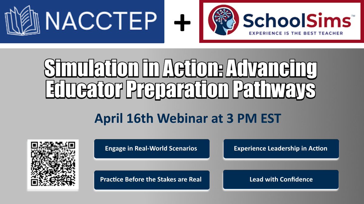 SchoolSimsPD's tweet photo. Join NACCTEP and SchoolSims for a live webinar on
April 16 at 3 PM EDT:
🔹 See real-world learning w/sims
🔹 Build leadership &amp; decision-making
🔹 Strengthen candidate readiness
Practical and applicable. Join the conversation:
https://t.co/64w0wDW0X3 https://t.co/yNEFJhth5L