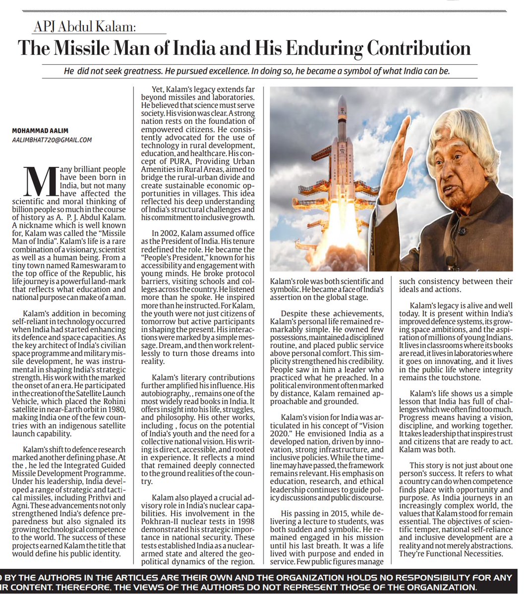 kashmir_writes9's tweet image. He did not seek greatness. He pursued excellence and became a symbol of what India can be.
An insightful article on the life and legacy of A. P. J. Abdul Kalam, the Missile Man of India, whose pursuit of excellence continues to inspire generations.

Read here: