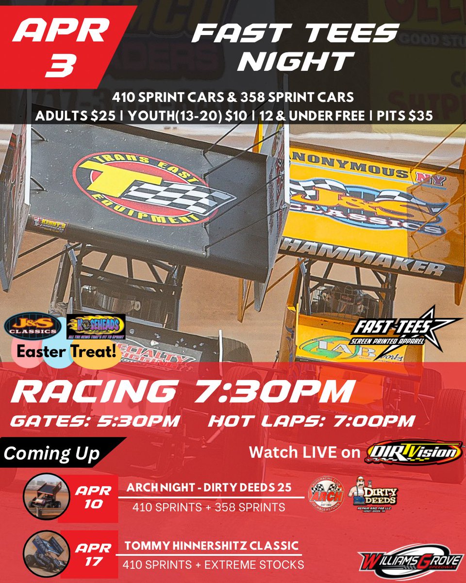 WilliamsGrove's tweet photo. ๐๐ญโ๐ฌ ๐๐ฉ๐๐ง๐ข๐ง๐ ๐๐ข๐ ๐ก๐ญ ๐๐ญ ๐๐ข๐ฅ๐ฅ๐ข๐๐ฆ๐ฌ ๐๐ซ๐จ๐ฏ๐!
Kick off Easter Weekend with us at the track for Fast Tees Night featuring the @LawrenceChevy 410 Sprint Cars and the season debut of the HJ Towing & Recovery 358 Sprint Cars!
๐๐ฑ๐๐ข๐ญ๐ข๐ง๐ ๐๐ข๐ฏ๐๐๐ฐ๐๐ฒ๐ฌ!!
First 200 fans to visit the Fast Tees Novelty Stand in the infield will get an exclusive Williams Grove Speedway T-Shirt!
First 100 kids 12 & under to enter the frontstretch admission gate will get an Easter treat courtesy of https://t.co/qotBx82T3u and J&S Classics!
Schedule:
๐ Gates: 5:30PM
๐ Hot Laps: 7:00PM
๐ข Racing: 7:30PM
Tickets:
๐๏ธ GA: $25
๐๏ธ Youth(13-20): $10
๐๏ธ 12 & Under FREE
๐๏ธ Pits: $35
Canโt make it to the track? Watch every lap live on @dirtvision
Follow live all season long on the @MyRacePass App