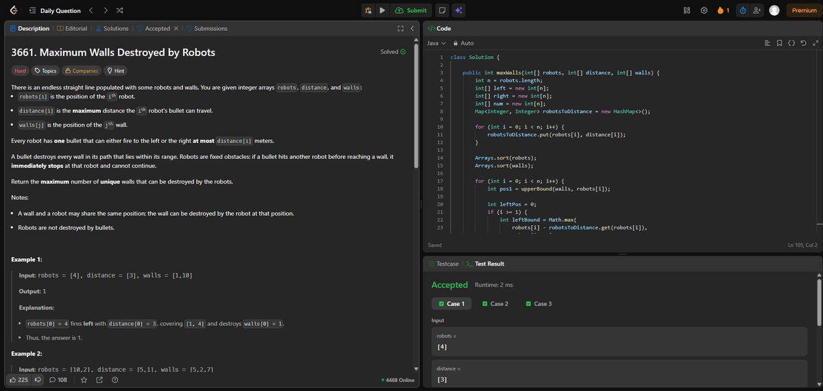 AdarshKumar206's tweet photo. Round 1 of #100DaysOfCod
Day 28 of #100DaysOfCode on #leetcode #DSA #LearnInPublic #buildinpublic #remote #connect #remotework #remotejob #java #coding #programming #100daysofcodechallenge #developer #SystemDesign 

Problem 3661 : Maximum Walls Destroyed by Robots https://t.co/VIUUVcrjDq
