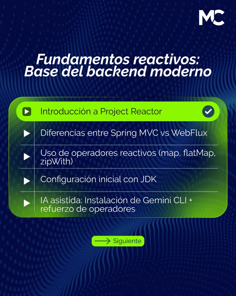 mitocode's tweet photo. ¡Hey, coder! 🙋🏻‍♀️🙋🏻‍♂️. Te compartimos la ruta que seguirás en nuestro curso Spring WebFlux 👨🏻‍💻👩🏻‍💻

🚨 Spring WebFlux
📆 Inicio: 18 de Abril
📲 https://t.co/BOZxsRZ6fW
.
#mitocode #programador #programacion #tecnologia #springwebflux #rutadelcurso #webflux https://t.co/rp80KsAXEB