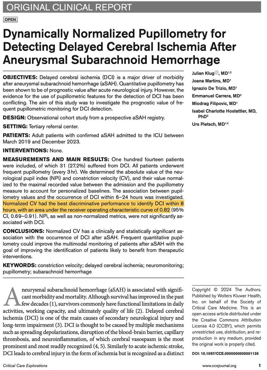 PulmCrit's tweet photo. It's wild that a single company managed to brainwash the entire specialty of neurocritical care into believing that NPi is the be-all and end-all of pupillometry.

It's not.

eg: for predicting DCI after SAH, trending CV is better 👇 

More on NPi: https://t.co/g5JLhfSq3J https://t.co/388qz21LXW