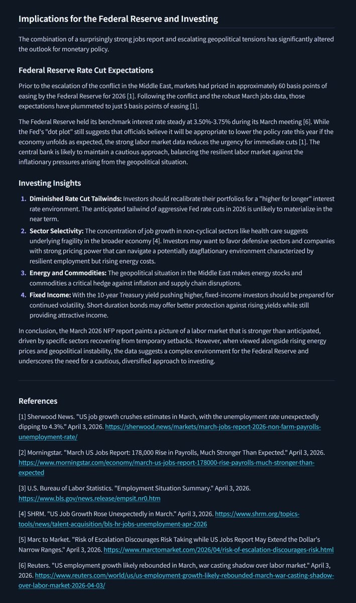 GoAI_Official's tweet photo. The Engine Behind the Analysis ⚙️

To produce this report, GoAI’s Deep Dive didn't just aggregate the headline numbers. It employed a Task-Decomposition Framework to:

▫️Isolate cyclical vs. non-cyclical job growth (highlighting the healthcare dependency).

▫️Correlate domestic labor data with the "Operation Epic Fury" energy shock.

▫️Project the impact on Treasury yields (10-year pushing 4.35%) and sector rotation.

In a market defined by "Black Swans," the ability to decompose complexity into actionable logic is the ultimate competitive advantage.

Explore your personal AI analyst: https://t.co/0qaEVipIU0