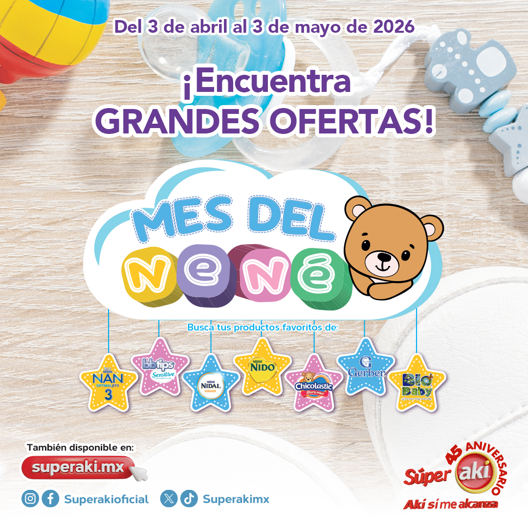 ¡Todo lo que tu nené necesita en un solo lugar! 🧸☁️

Llegó el Mes del Nene a Súper Aki con ofertas que te harán sonreír tanto como a ellos. Aprovecha del 3 de abril al 3 de mayo y llévate lo esencial para su cuidado a un súper precio🛒