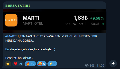 #MARTI Telegrama özel hissemiz 1,63TL'den 1,83TL'ye Yükselerek %10'a Yakın Kaar Sağladı Bereketli olsun;

Yeni Hissemizide yazdım buyur gel👇

t.me/+Va46jfqEIRozM…