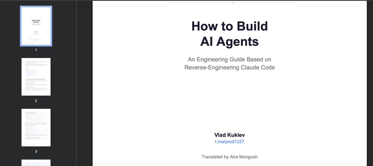 aira_mo_here's tweet photo. Anthropic accidentally leaked their production code - 20,000+ lines of how Claude Code actually works. After reading it, you can feel what agent engineering looks like at scale. I translated and improved the analysis by Vlad Kuklev:
- Deferred tool loading so 50+ tools don't blow up your context on startup
- 5 levels of context compaction before the system gives up and summarizes
- Forked subagents that reuse the parent's prompt cache, cutting costs 50–80%
- 11 validation checks before a single file edit is allowed
- Real production incidents: 292 agents spawning in 2 min, 250K wasted API calls/day, 36.8 GB RAM crashes

PDF via link: https://t.co/mEjm2zVyQ2

#AIAgents #LLMEngineering #ClaudeCode #Anthropic