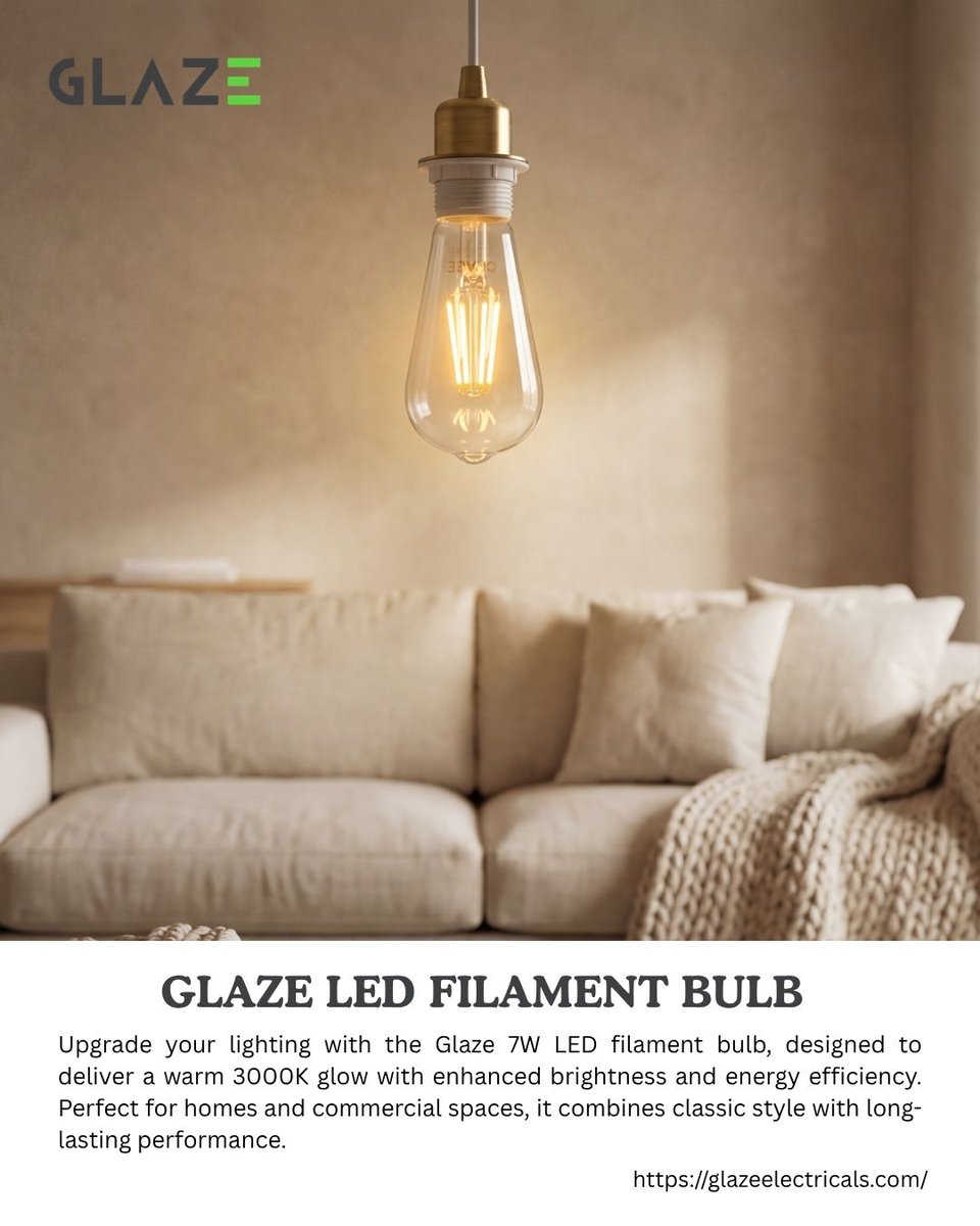 GlazeElect91531's tweet image. Brighten your space with style ✨
The Glaze LED Filament Bulb brings a warm 3000K glow, energy efficiency, and a timeless design, perfect for creating a cozy, elegant atmosphere in any room.

Upgrade your lighting today!
📞 +97165252511

#GlazeElectricals #LEDBulb #FilamentBulb