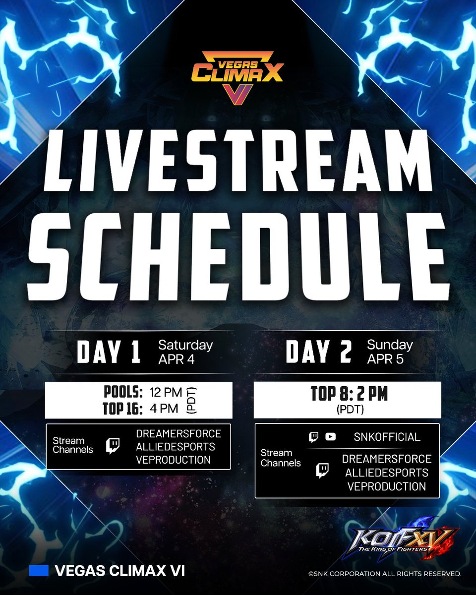snk_esports_hub's tweet image. THE KING OF FIGHTERS XV hits the stage at #VegasClimaxVI!
Pools and Top 8 are coming soon and the crown is up for grabs!
📅 Streams start April 4 | 12 PM PDT | 9 PM CEST | 4 AM JST (Apr 5)
#KOFXV