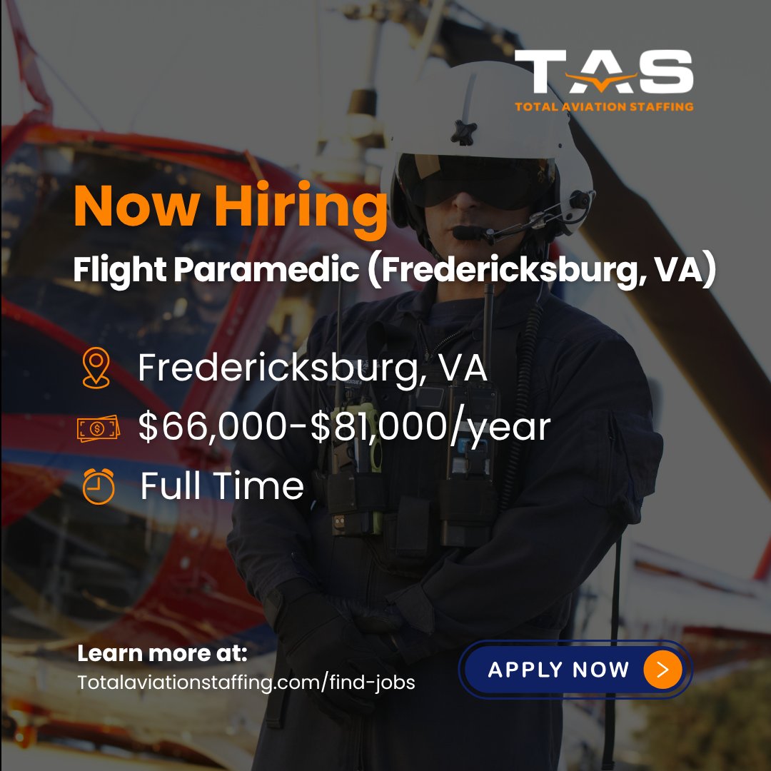 aviation_total's tweet photo. ✈️ JOB ALERT: Flight Paramedic in Fredericksburg, VA!

💰 $66,000 – $81,000 / year
🚑 Life-saving critical care in a high-stakes flight environment
📍 Fredericksburg, VA

Apply now: https://t.co/NB38tuEO9x

#FlightParamedic #EMSJobs #Hiring #VirginiaJobs #FredericksburgVA https://t.co/xy4EMOm7od