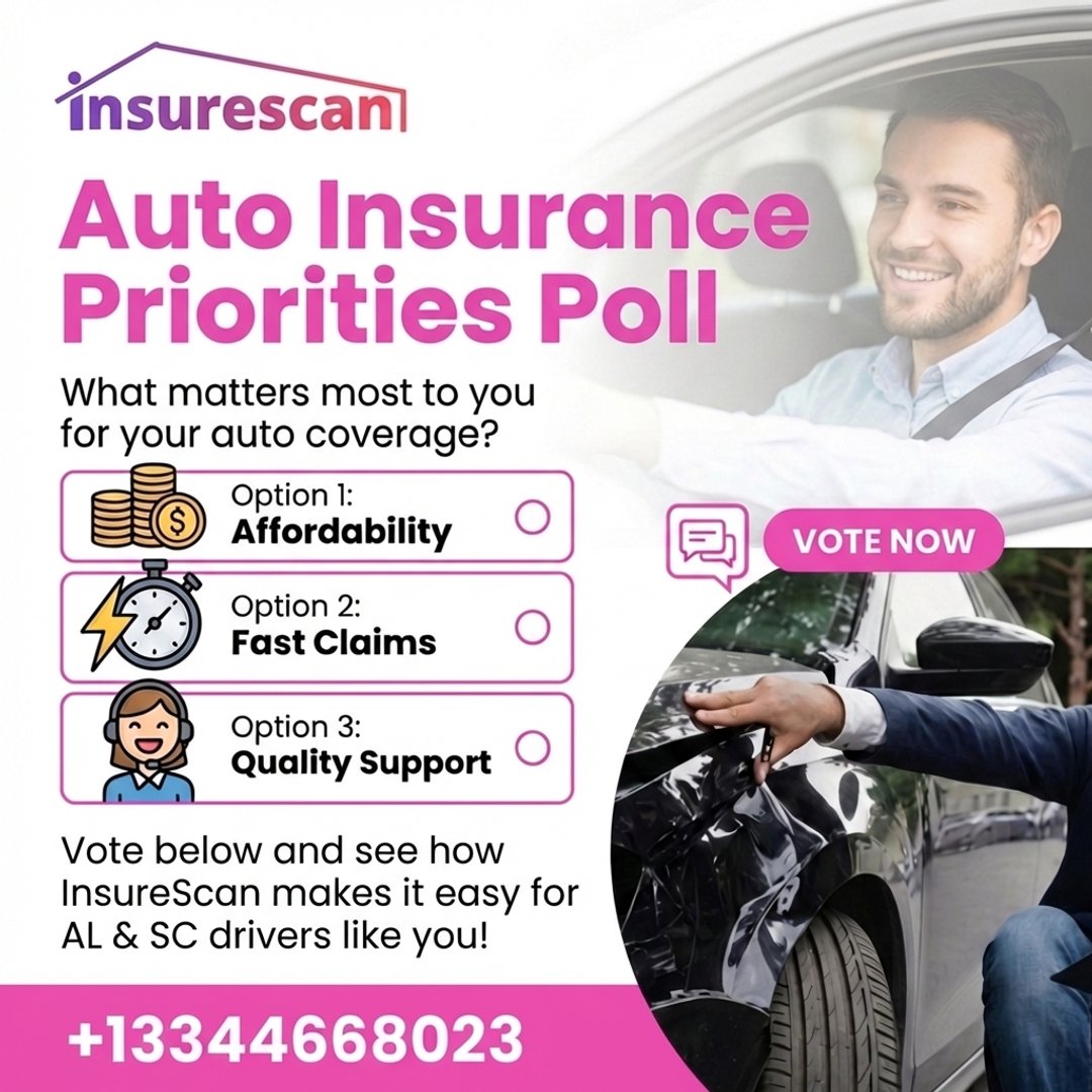 AL &amp; SC drivers (26–65): what matters most—Affordability, Fast Claims, or Quality Support? Comment your #1 or call 334-466-8023. #InsureScan #AutoInsurance #AlabamaDrivers #SouthCarolinaDrivers #InsuranceTips #FastClaims #QualitySupport