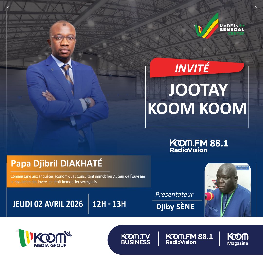 Invité de l'émission Jotay Komkom du jeudi 02 Avril 2026 avec Djiby SENE. Mr Pape Djibril DIAKHATE, Commissaire aux enquêtes économiques, soundcloud.com/koomfmradiovis… #commerce #team221 #senegal #dakar #kebetu #MadelnSenegalCenter #koommediagroup #koommediadigital  #koomfmradiovision
