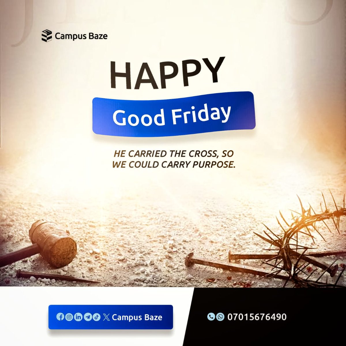 campusbaze's tweet photo. _Purpose was birthed through sacrifice. ✝️_ 

It looked like loss…
but it was the greatest act of love the world has ever known.
A sacrifice that brought us hope, redemption, and purpose.

Through the cross, grace found us.
Through His sacrifice, a way was made.
As we reflect, may we never lose sight of this love that changed everything.

Wishing you a blessed Good Friday from all of us at Campus Baze.
#CampusBaze #GoodFriday #BlessedFriday #HolyWeek #FaithAndHope #FreelanceLife #RemoteWork