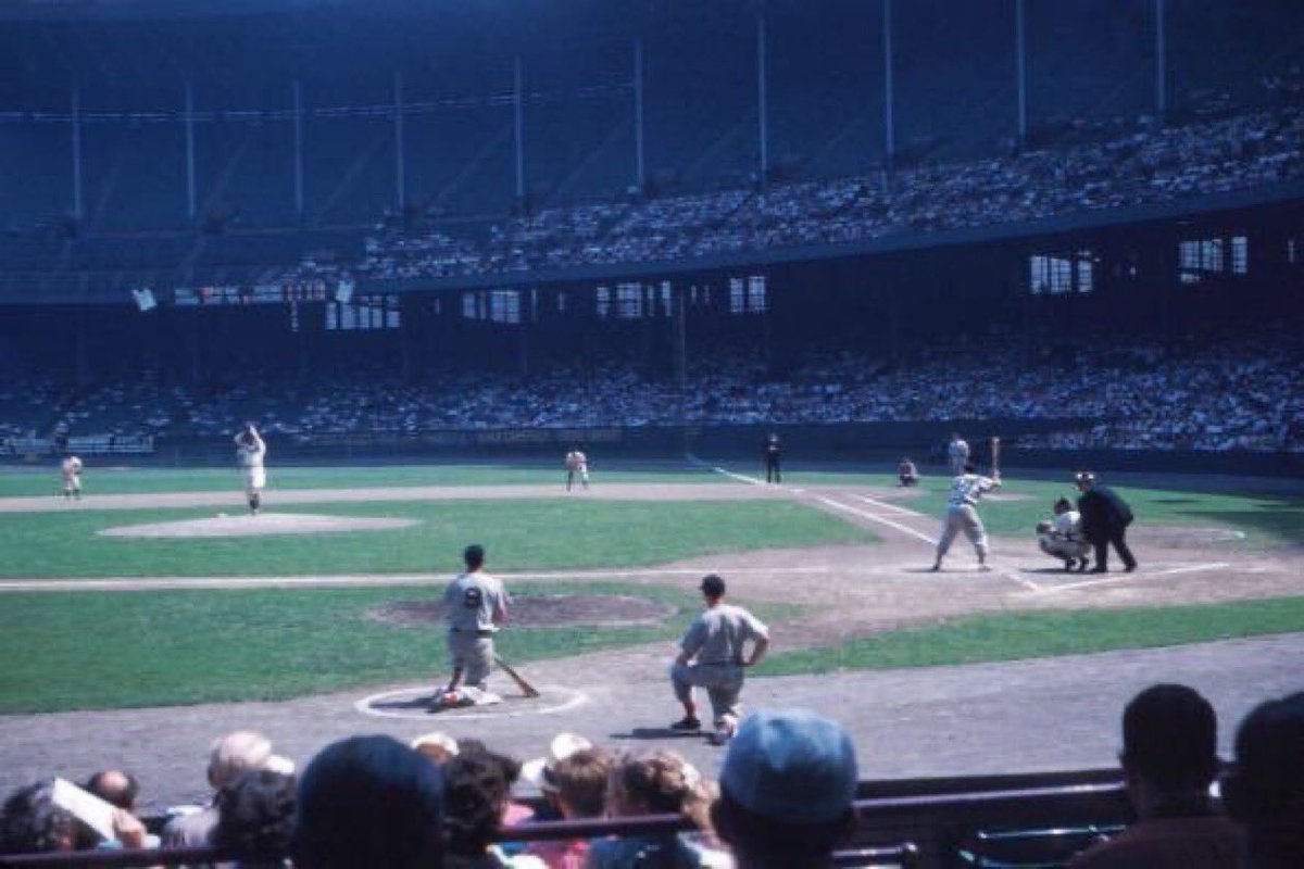 sigg20's tweet image. “Old Days”Bob Feller pitches to Jimmy Piersall with Ted Williams on deck during a 1953 RedSox-Indian game at Cleveland Municipal Stadium.#RedSox #Boston #Indians #cleveland #1950s #MLB