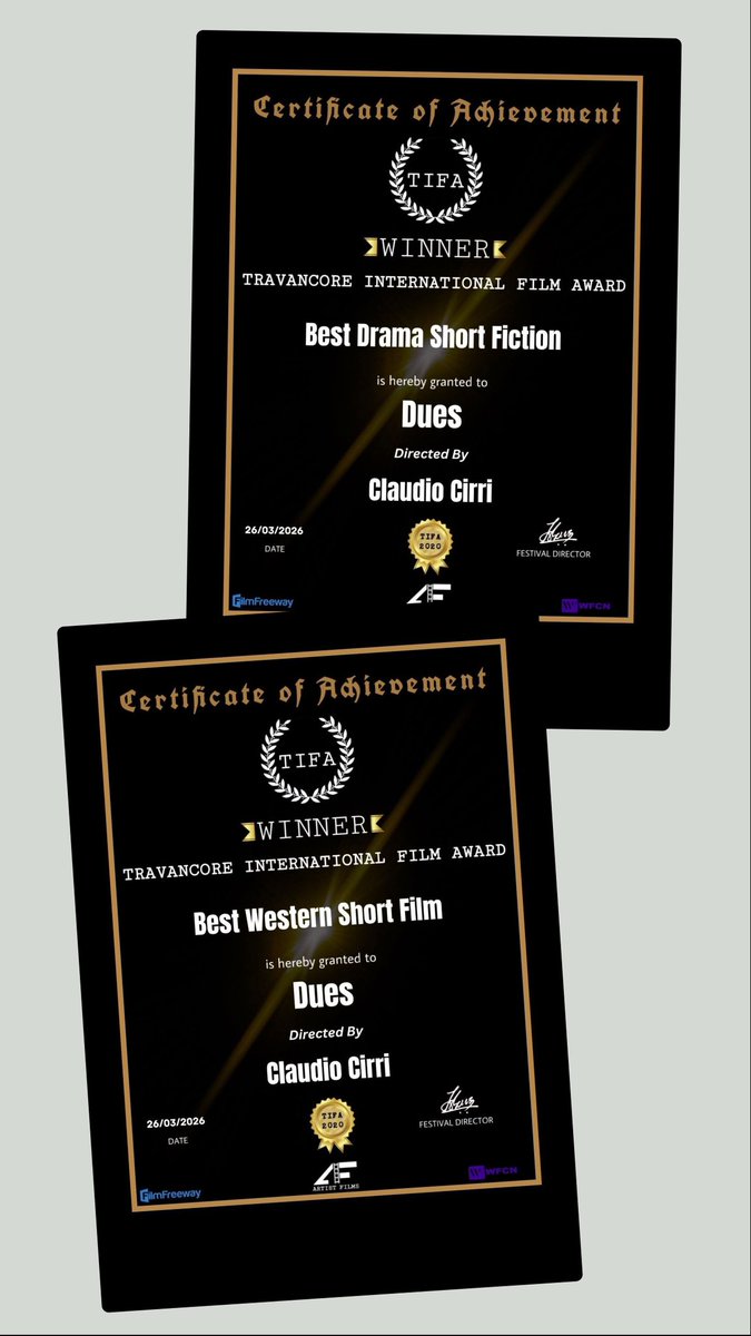 claudio_cirri's tweet photo. #Dues è quasi ultimato, ma una copia-lavoro è già ad alcuni #festivals, beh abbiamo anche ricevuto un #premio ed una #selezione! ❤️🍾 #newyorkistambulshortfilmfestival #travancoreinternationalfilma (TIFA) https://t.co/mQGS1CAVIV