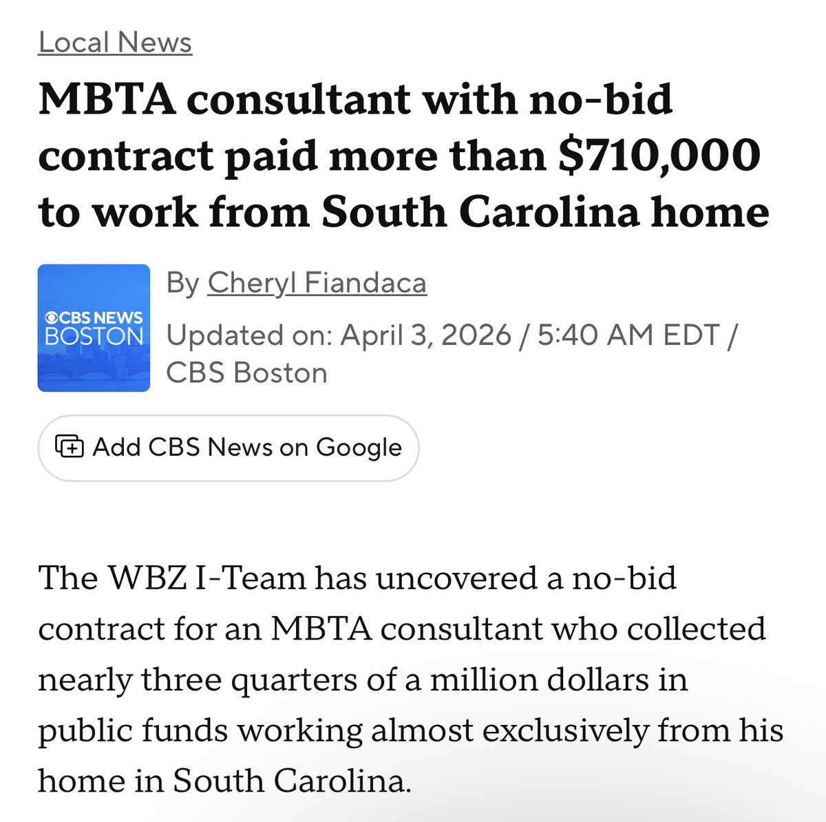This is exactly the sort of stuff I spent two years rooting out at the MBTA. A $713,000 for a no-bid MBTA consultant working from South Carolina. Less than 10% of his time in Massachusetts.

This is Maura Healey’s culture of corruption: inside deals, no-bid contracts, and zero