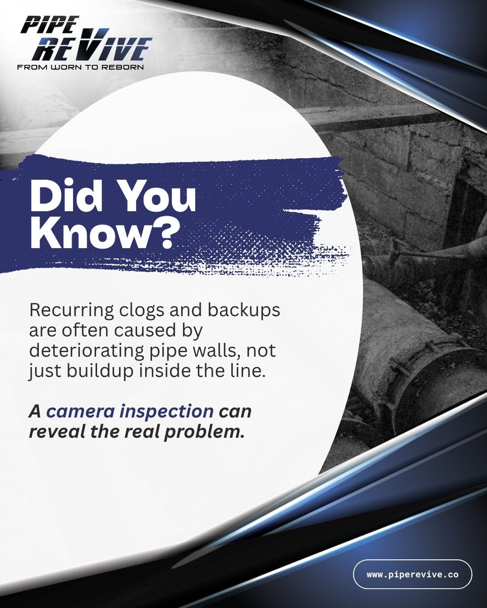 PipeRevive's tweet image. Did you know?
Recurring clogs and backups are often caused by deteriorating pipe walls, not just buildup inside the line.

A camera inspection can reveal the real problem.

Call us Now: +1 669-777-5577
Learn more: piperevive.co
#piperevive #pipeinspection