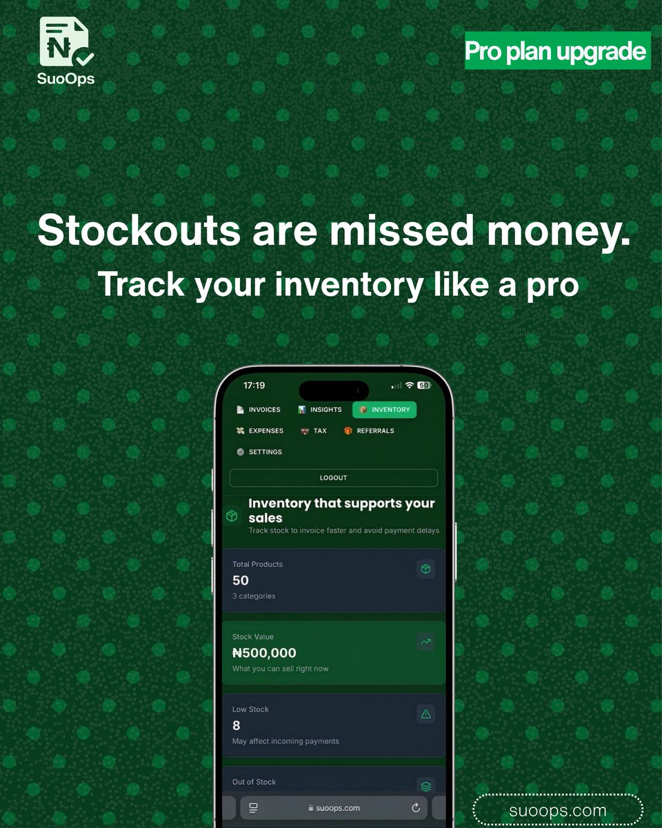 Suoops4's tweet image. Stop losing customers to 'Out of Stock' messages. 
​SuoOps helps you:
✅ Monitor 50+ products across categories
✅ Track total stock value in real-time
✅ Get alerts before you run out
​Inventory management, simplified. 💼
 suoops.com
 #suoOps #InventoryManagement