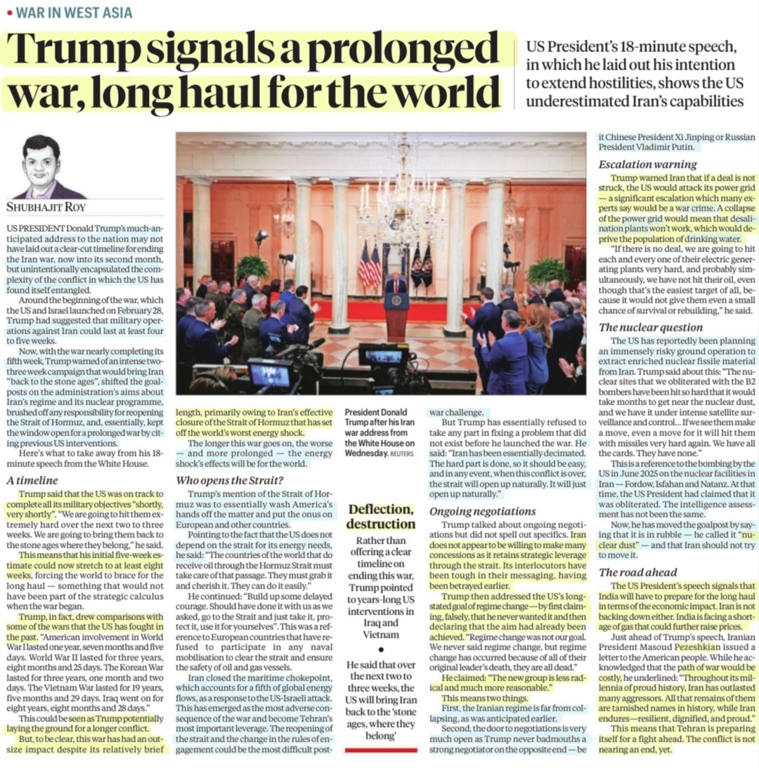 imRavikantYadav's tweet photo. Trump signals a prolonged war, long haul for the world

:Details by Sh @ShubhajitRoy 

#Trump #DonaldTrump #Deflection #Destruction #Iran #IranWar‌ #USA #Israel
#straitofhormouz #NuclearWeapons
#NuclearDust
#OilShocks #OilCrisis
#IranVsIsraelWar 

#UPSC

Source: IE https://t.co/YB05d1Kv00