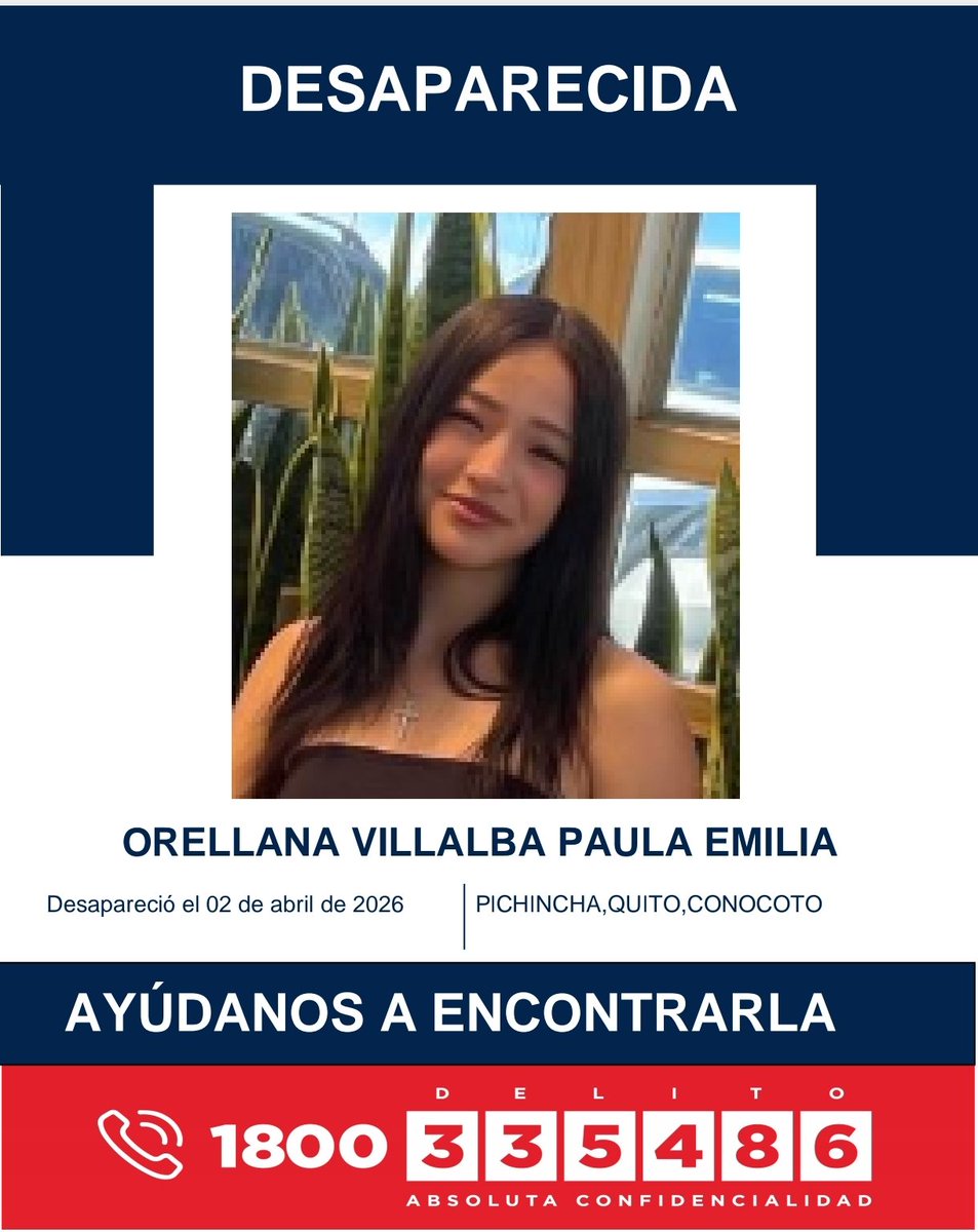 CupulaDigitalEc's tweet photo. #Urgente: Se presume que su última ubicación fue en #Cuenca.
Paula Emilia Orellana Villalba desapareció en Conocoto, Quito #Pichincha. 
Sus familiares piden ayuda en la localización de la joven. Piden máxima difusión. 
#Desaparecida https://t.co/kB1Z6WfaM6