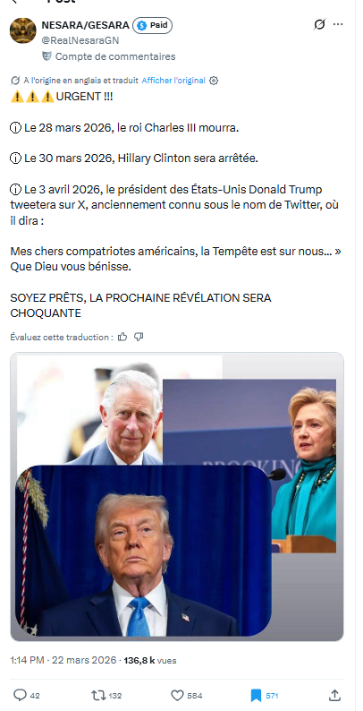 GrandSachoir's tweet image. Des nouvelles du Qalendier ? Il paraît que Charles III est décédé (encore) le 28/03/26, que Hilary Clinton a (encore) été arrêtée le 30/03/26 et que Trump va (encore) dire des Qonneries le 03/04/26. Seul le dernier point est garanti.

#Qanon
