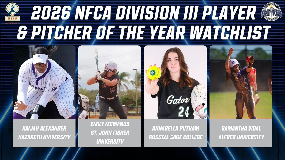 Empire8's tweet photo. Four Empire 8 Standouts Named to 2026 NFCA Division III Player and Pitcher of the Year Watchlist
https://t.co/waGCfj4kNo

#E8 #E8Proud #LeadersCompeteHere #WhyD3 https://t.co/Bm8BgYjt4d