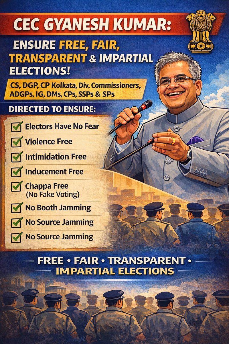 maheshdahiyaaaa's tweet image. CEC Gyanesh Kumar directs officials to ensure elections are free, fair, transparent &amp;amp; impartial—guaranteeing:
• No fear for voters
• Violence-free
• No intimidation
• No inducements
• No bogus voting
• No booth or source jamming
#FreeAndFair