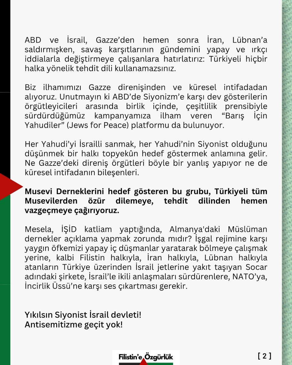 _ozgurfilistin's tweet photo. 📣 Musevi Derneklerini hedef göstermeye son verin!

"Bizler, Yahudi, Kürt, Türk, Ermeni, tüm halklardan aktivistler olarak Gazze için direnmeye devam edeceğiz."

Yıkılsın Siyonist İsrail devleti!
Antisemitizme geçit yok!